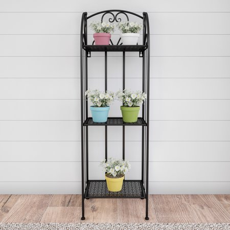 Pure Garden 3-Tier Folding Plant Stand, Wrought Iron Style with Laser Cut Shelves, Indoor/Outdoor, Black