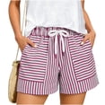 thumbnail image 3 of OIOLOYJM Shorts for Women Athletic Striped Loose Drawstring High Rise Wide Leg Beach Shorts Summer Lounge Vacation Smocked Short Pants with Pockets Purple 2XL, 3 of 6