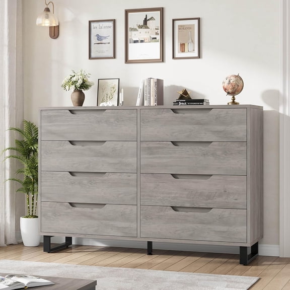 47.2 in Wide 8-Drawer Dresser for Bedroom, Freestanding Wooden Storage Cabinet, Wide Chest of Drawers Closet Organizer for Living Room, Hallway & Entryway, Grey