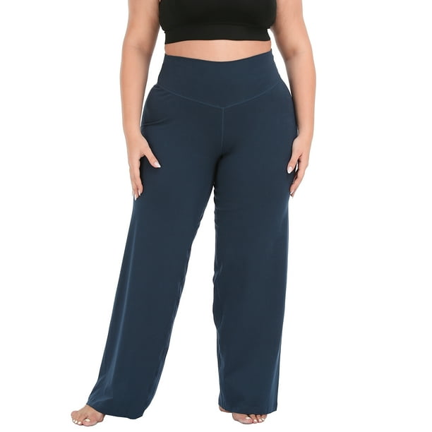 HDE Women's Plus Size Yoga Pants High Waisted Wide Leg Leggings Navy