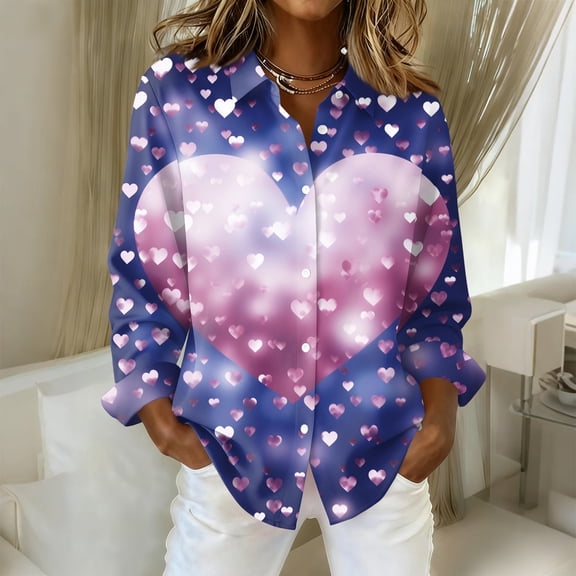 Dwralegc Valentine Shirts for Women Long Sleeve Button Down Blouses Dressy Plus Size Love Print Tops Casual Loose Valentine Shirts Blue S