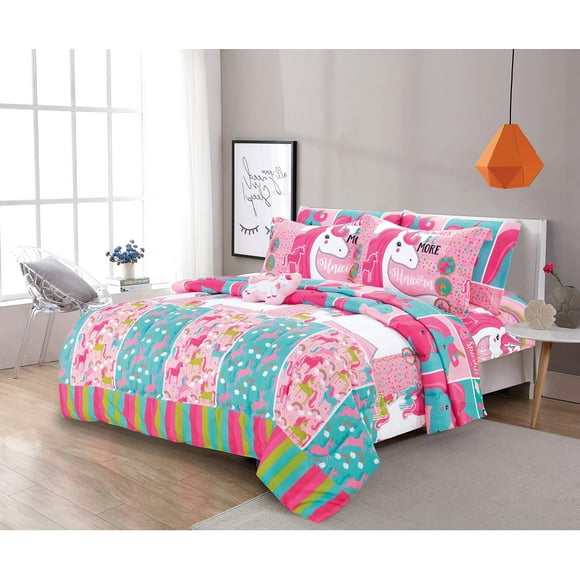 Sapphire Home 6 Piece Unicorn Bed in a Bag Twin Bedding Set for Girls Kids Comforter Set with Bed Sheets Pillow Case Toy Pillow Unicorn Bedroom Bedding Set for Girls Twin Size