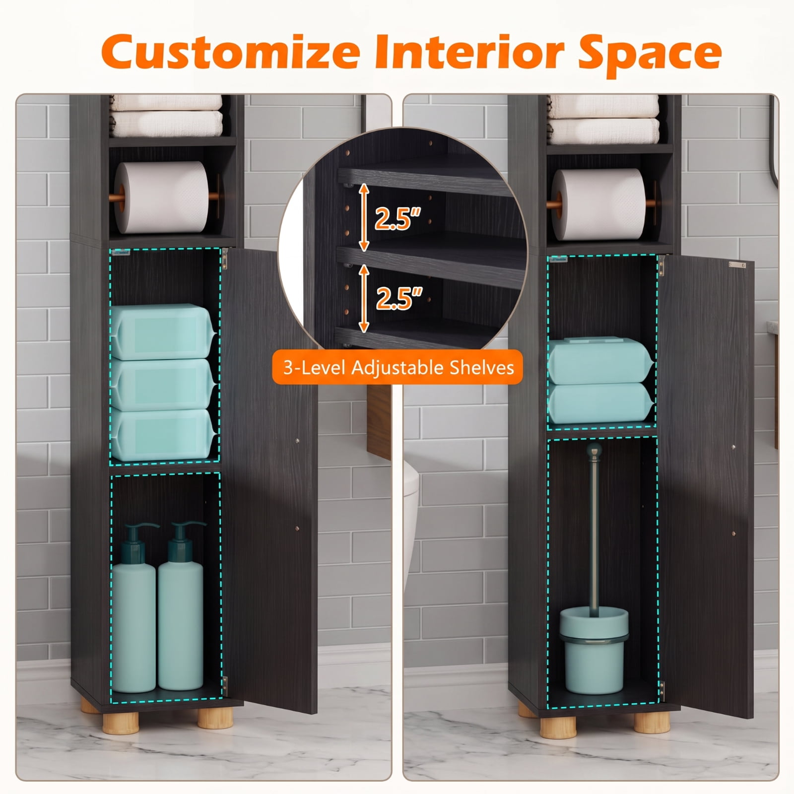 Vebreda Narrow Bathroom Storage Cabinet, Tall Slim Freestanding Cabinet with 2 Closed Cabinets, Open Shelves and Toilet Paper Holder, Adjustable Shelves and Hook, Black