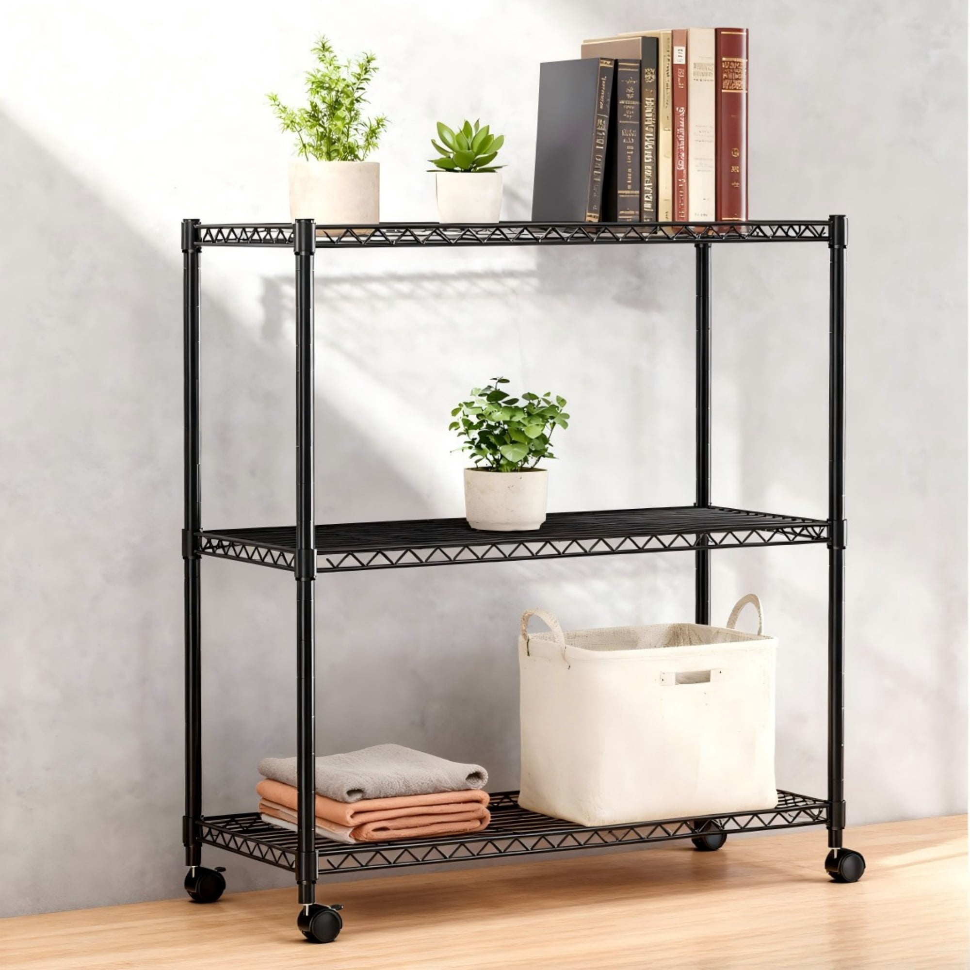 Jopath 3-Tier Shelving Storage Shelves,Steel Organizer Wire Rack with Wheels,Adjustable Storage Units,23" W x 13" D x 30" H,Black