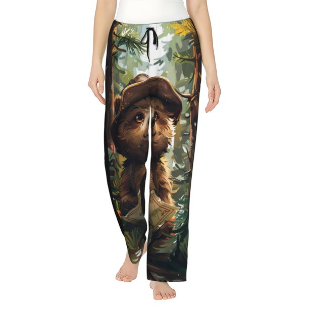 Balery Jungle Hat Bear Pantalones de pijama para mujer, pijamas ultraligeros, pantalones de estar por casa-Large