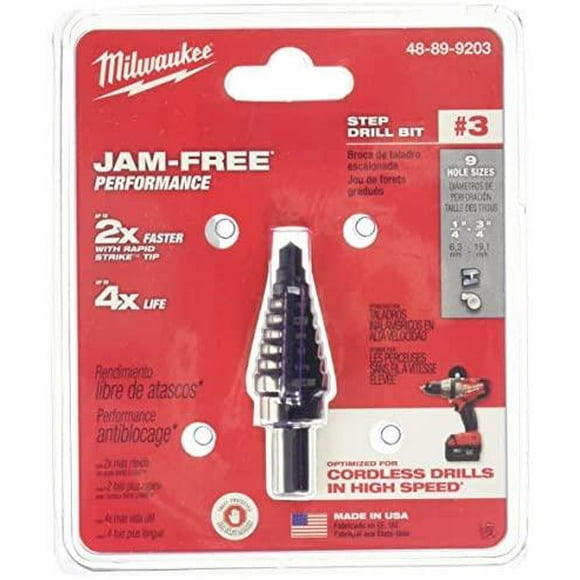 Milwaukee Electric Tool 48-89-9203 Step Drill Bit. 1/4-3/4 Hole". 3. 9 Hole Steps. 1/16" D Step. 2 Flutes. 3/8" 3-Flat Shank