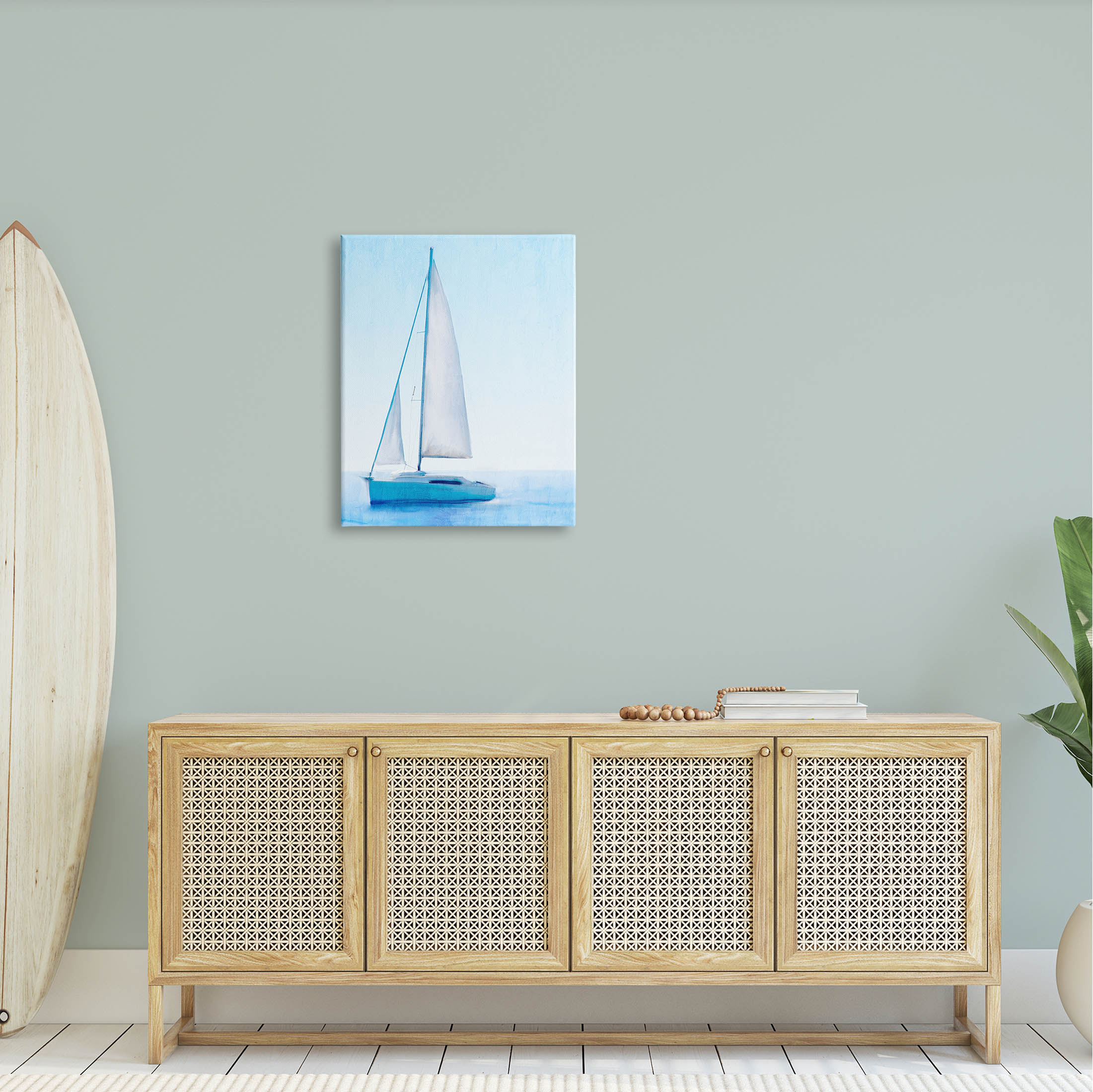 Stupell Industries Sailboat Drifting Blue Ocean Sky Graphic Art Gallery Wrapped Canvas Print Wall Art, Design by Kim Allen