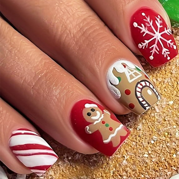 Matte False Nails - Christmas Gingerbread Man, Snowflake - themed Striped Wearable Nail Art