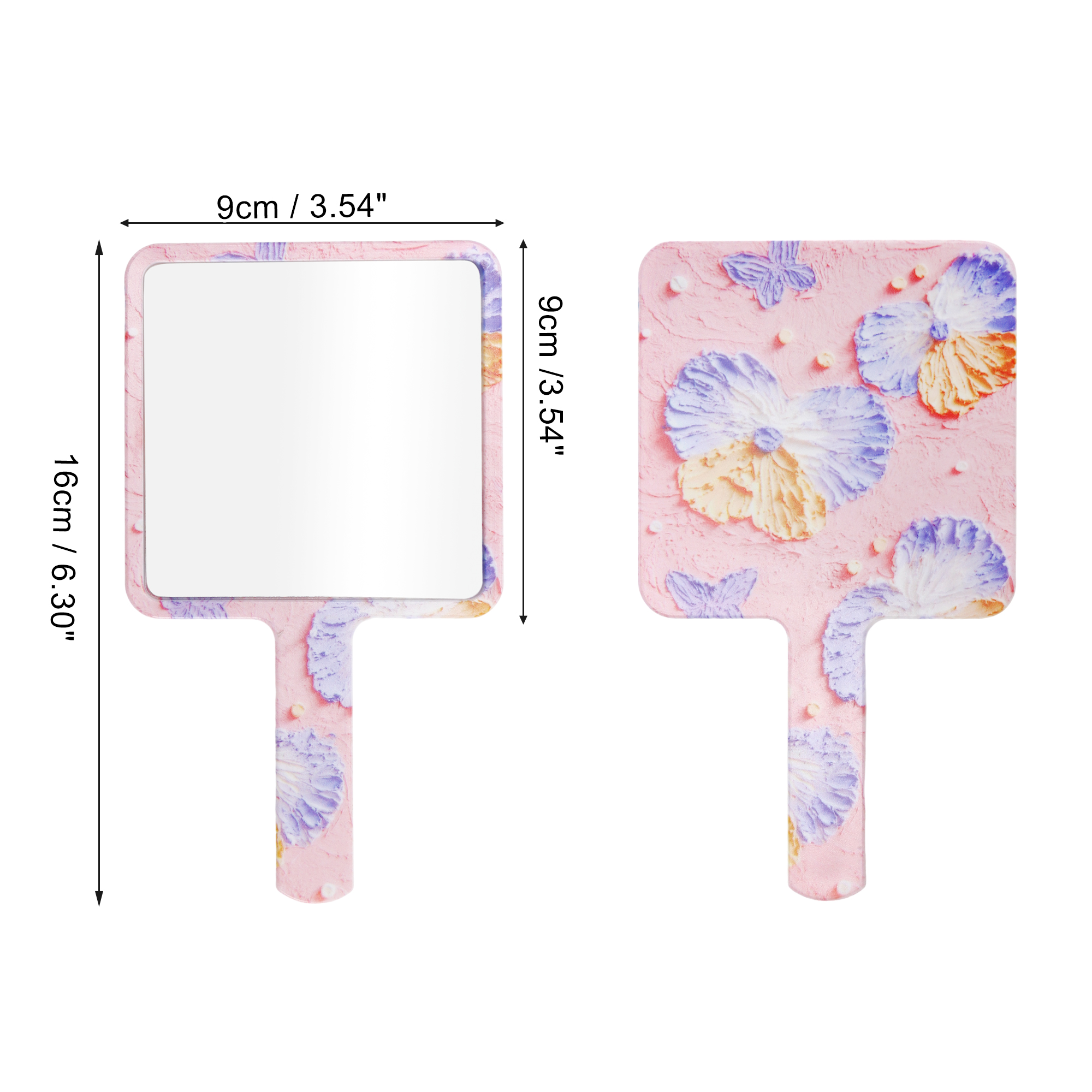Unique Bargains 1 Pc Women Floral Square Handheld Mirror for Travel Pink Purple Yellow