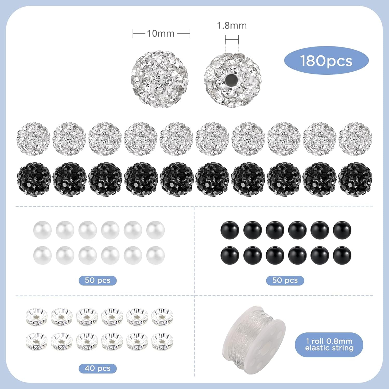 320pcs Rhinestone Beads for Jewelry Making, 10mm Black and White Beads Disco Ball Chunky Crystal Bead, Rhinestone Bubblegum Round Bead for DIY Bracelets Necklace Earring Supplies