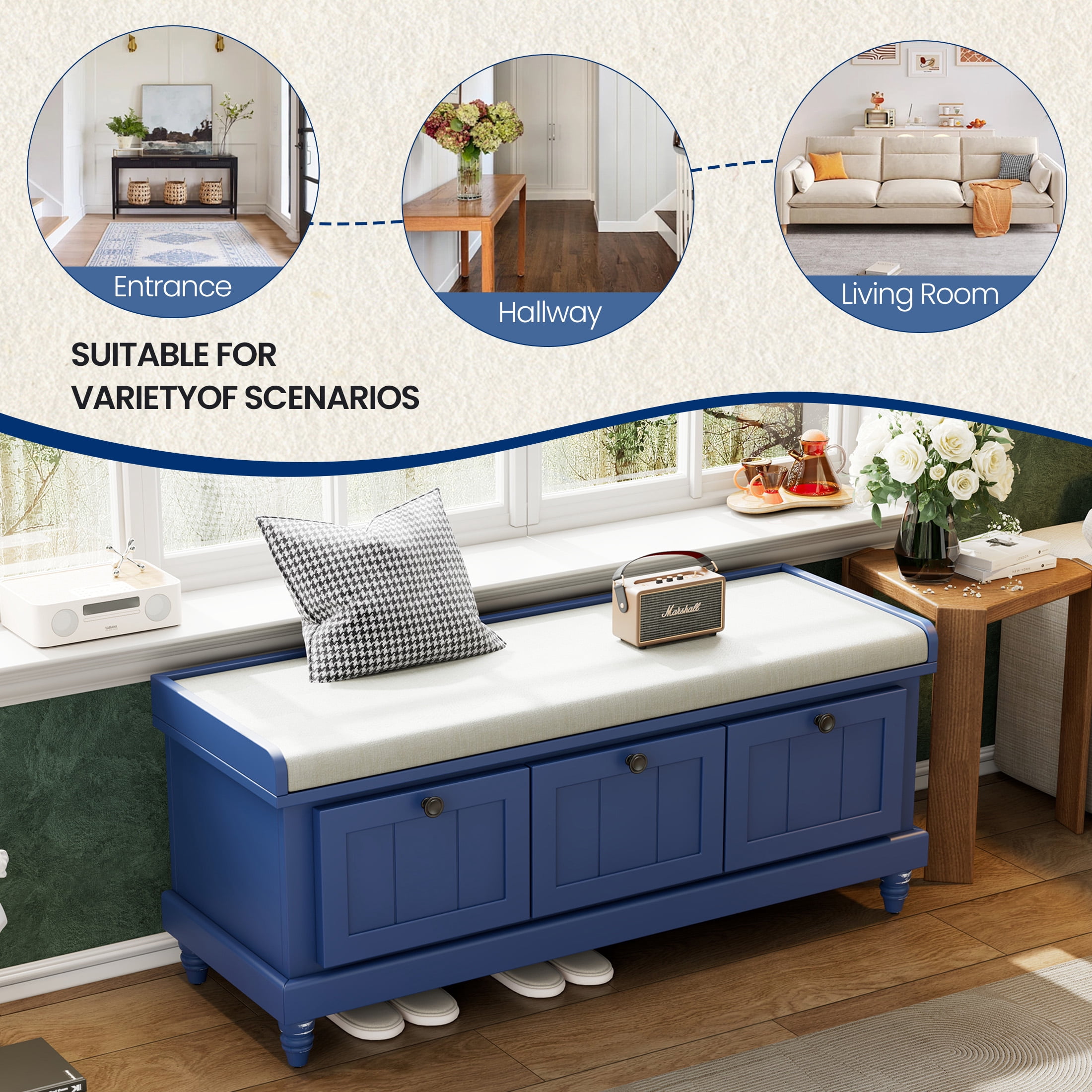 Aukfa Upholstered Storage Bench with 3 Drawers, Flip-Open Storage Box for Entryway, Hallway, Mudroom, Navy