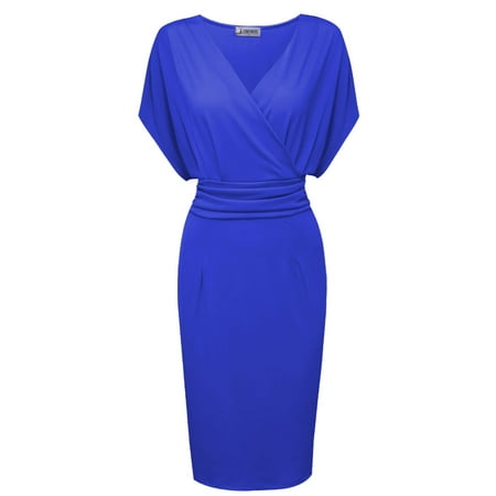 Print Surplice Dress - TAM WARE Women Pleated Waist Surplice Neckline Bodycon Midi Dress