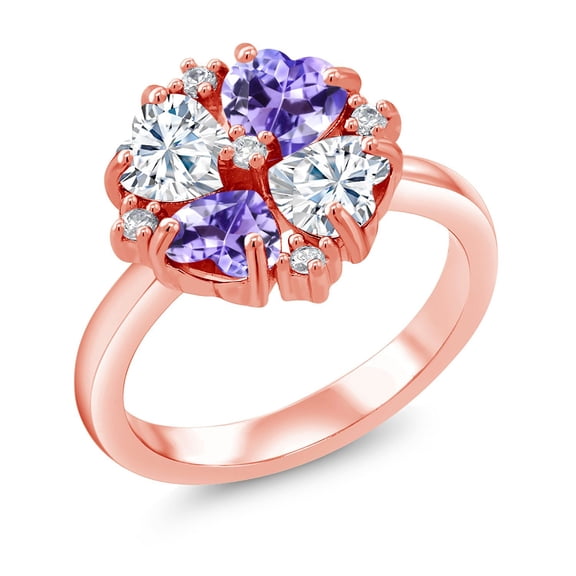 Gem Stone King 18K Rose Gold Plated Silver White Moissanite and Blue Tanzanite Ring for Women (1.92 Cttw, Heart Shape 5MM, Gemstone Birthstone, Size 8)