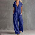 thumbnail image 2 of Women's Lightweight Stand Collar Zip Up Jumpsuits Short Sleeve Baggy Wide Leg Palazzo Rompers with Pockets Daily Casual Overalls Blue, 2 of 6
