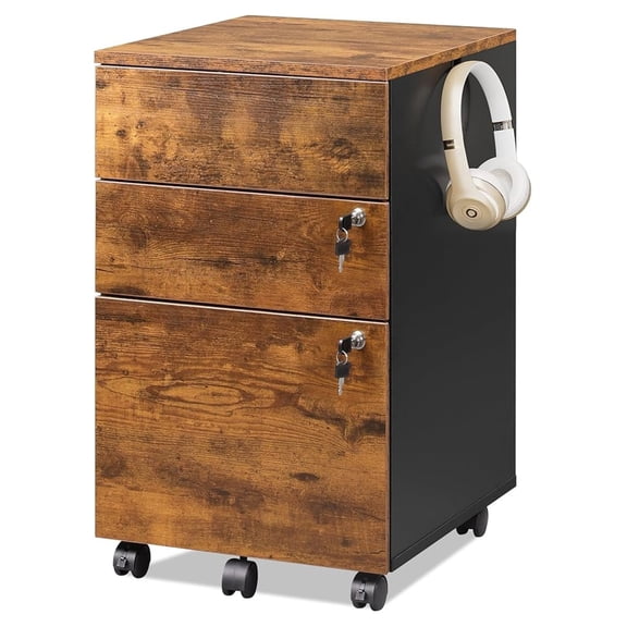 BOBOKY 3 Drawer Rolling File Cabinet with Lock, Wood Under Desk Filing Cabinet fits Letter/Legal/A4 Size for Home Office, Rustic Brown