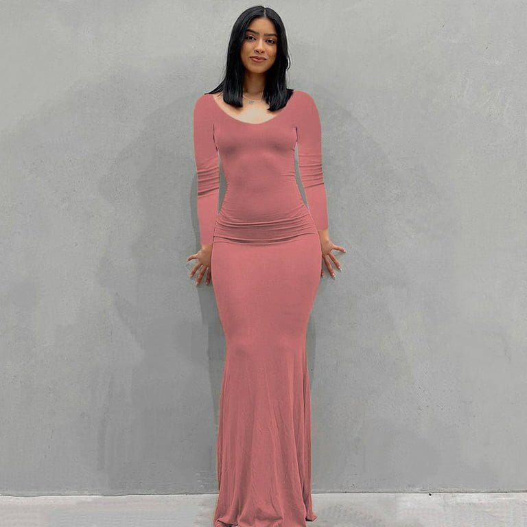 QWZNDZGR New Kardashian Skims Women's Dress Long Dress Leisure Slim Fitting  Long-Sleeved Home Dress