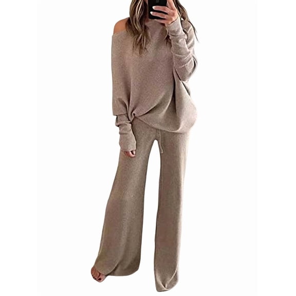 Women 2 Piece Outfits One Shoulder Knit Sweater Pullovers Wide Leg Pants Sets Sweatsuit Tracksuit Khaki XL