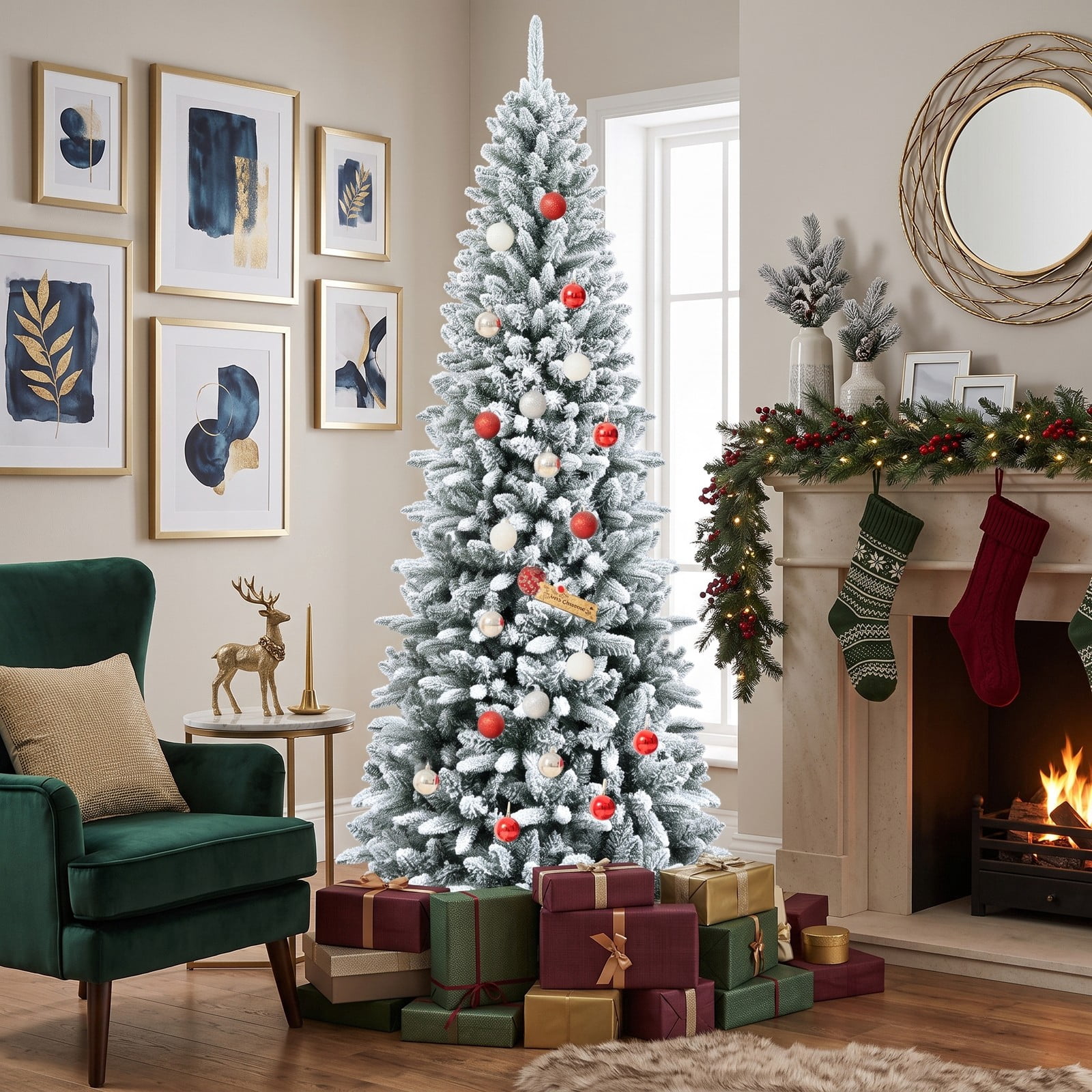 RUIE 7.5 ft Snow-Flocked Hinged Artificial Christmas Pencil Tree, Slim Unlit Xmas Tree with 1189 Mixed Tips and Metal Stand for Holiday Home Office Party, White