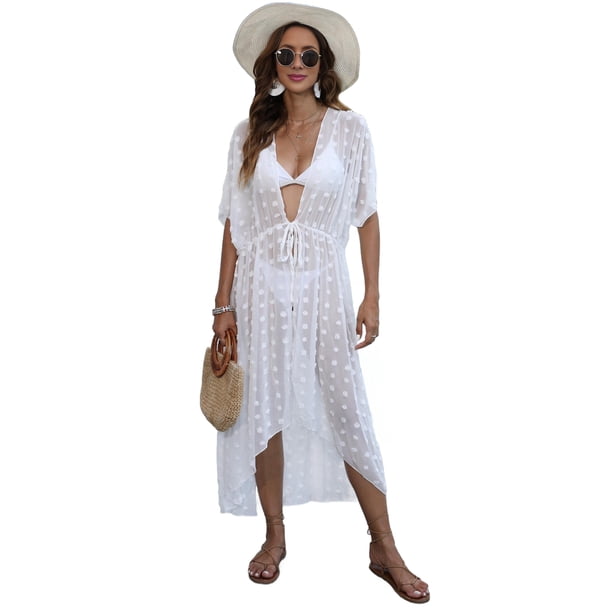 Traje de Baño de una Pieza Tipo Cárdigan para Mujer, de y Lunares Transparentes para Playa. Talla Única