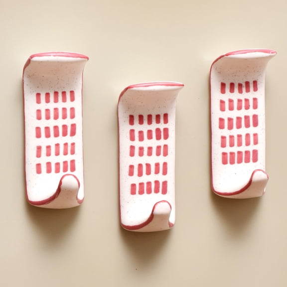 Linear Block Print Decorative Ceramic Adhesive Wall Hooks for Hanging Coats, Keys, Leash, Hat, Towel Holder, Cute Sticky Key Holder, Red and Cream Western Wall Décor (3 Hooks 6 Strips)
