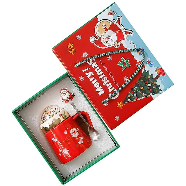 Ceramic Christmas Mug with Lid & Spoon, Santa Claus Design for Coffee Tea Milk, Office Gift in Festive Gift Box