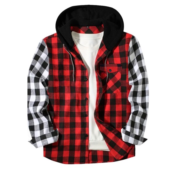 aohooy Mens Flannel Shirt Plaid Hoodie - Trendy Casual Button Down Long Sleeve Fall Jackets Shacket with Pockets Red,S