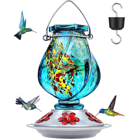 Hummingbird Feeder, Hand Blown Glass Hummingbird Feeders for Outdoors Hanging with Ant Moat, 5 Bee-Proof Ports, Leak-Proof, 360° Perch, 22oz, Blue, Gifts for Women Men, Gifts for Mom Dad