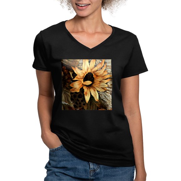 CafePress - Sunflower T Shirt - Women's V-Neck Dark T-Shirt