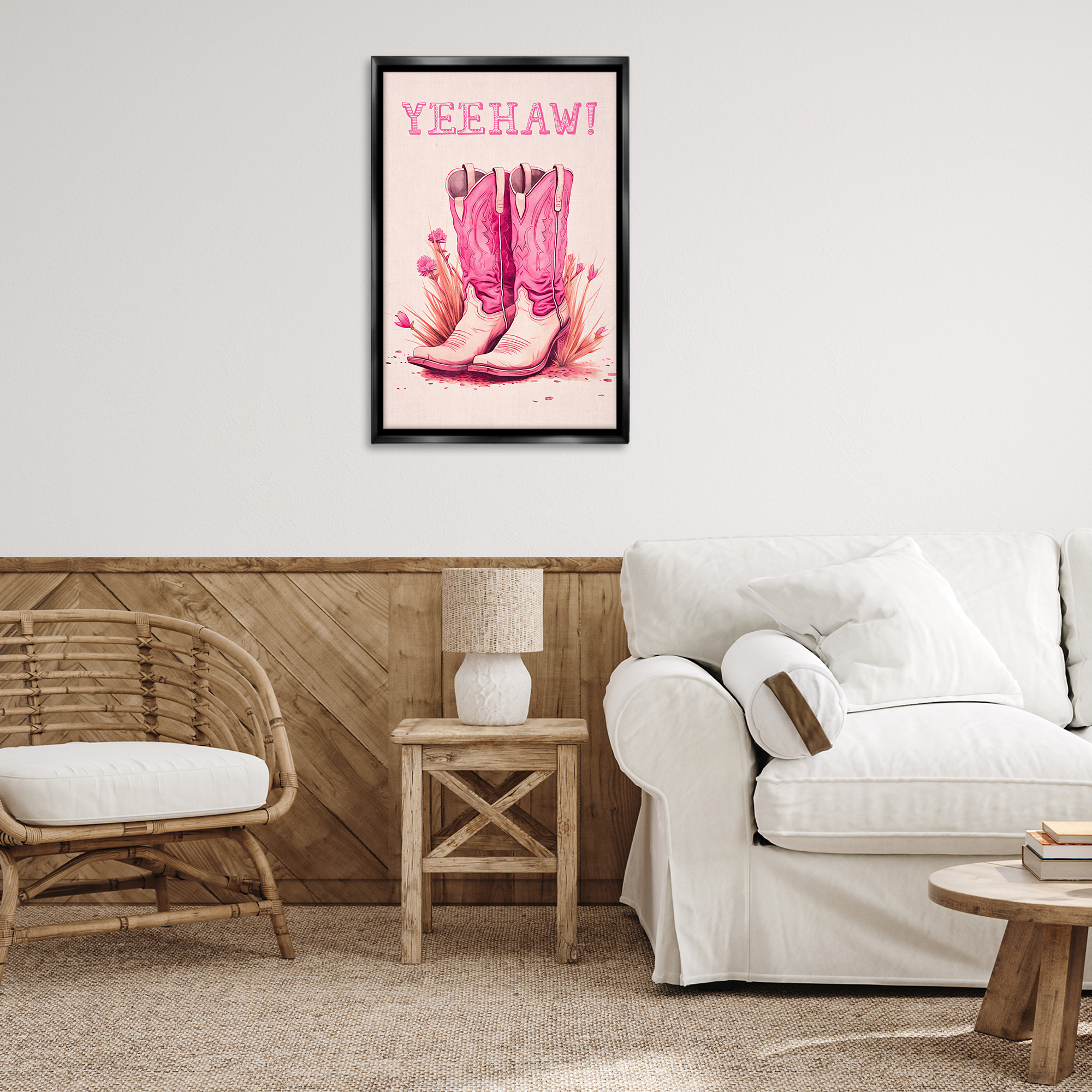 Stupell Industries Yeehaw Pastel Boots Fashion Painting Black Floater Framed Canvas Art Print Wall Art, 21 x 31