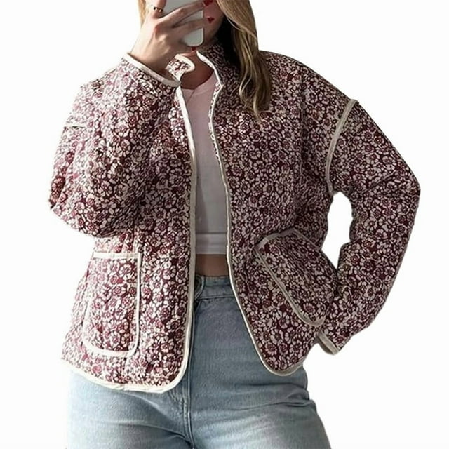 Chaqueta Acolchada Corta con Estampado Floral Vintage para Mujer, Chaqueta Corta Abierta Al Frente, Ropa de Abrigo Floral Pequeño Marrón M