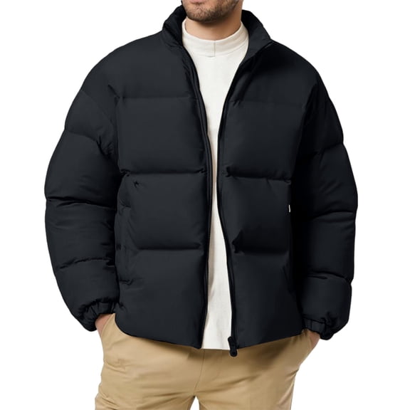 LNZGNM Men's Puffer Jackets Stand Collar Loose Thick Warm Puffer Jacket Zippered Quilted Insulated Coat with Pockets Casual Winter Padded Coat,Black M