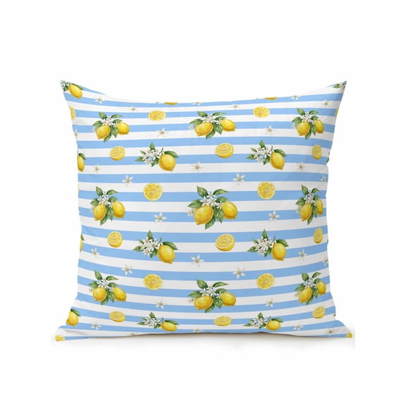 1 Pack Outdoor Throw Pillow, Cute Lemon Summer Waterproof Pillow with Insert Included, Farmhouse Floral Blue Striped Decorative Accent Cushion Sofa Pillows for Patio Porch, 18 x 18 In