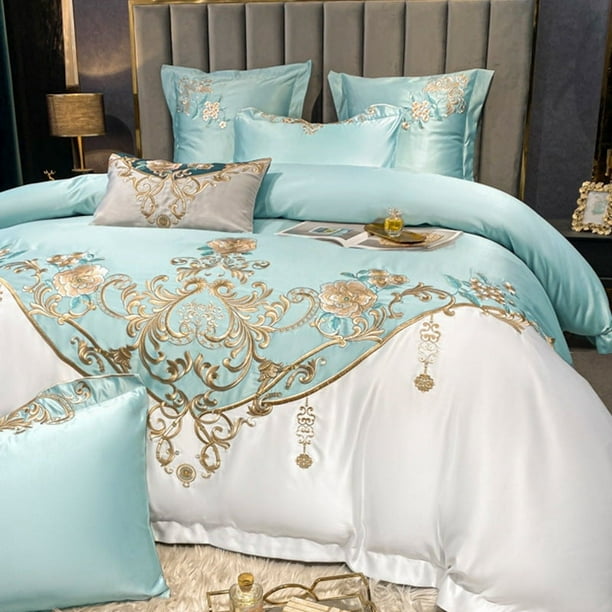 Juego de cama de lujo de cuatro piezas con bordado europeo de flores de champán