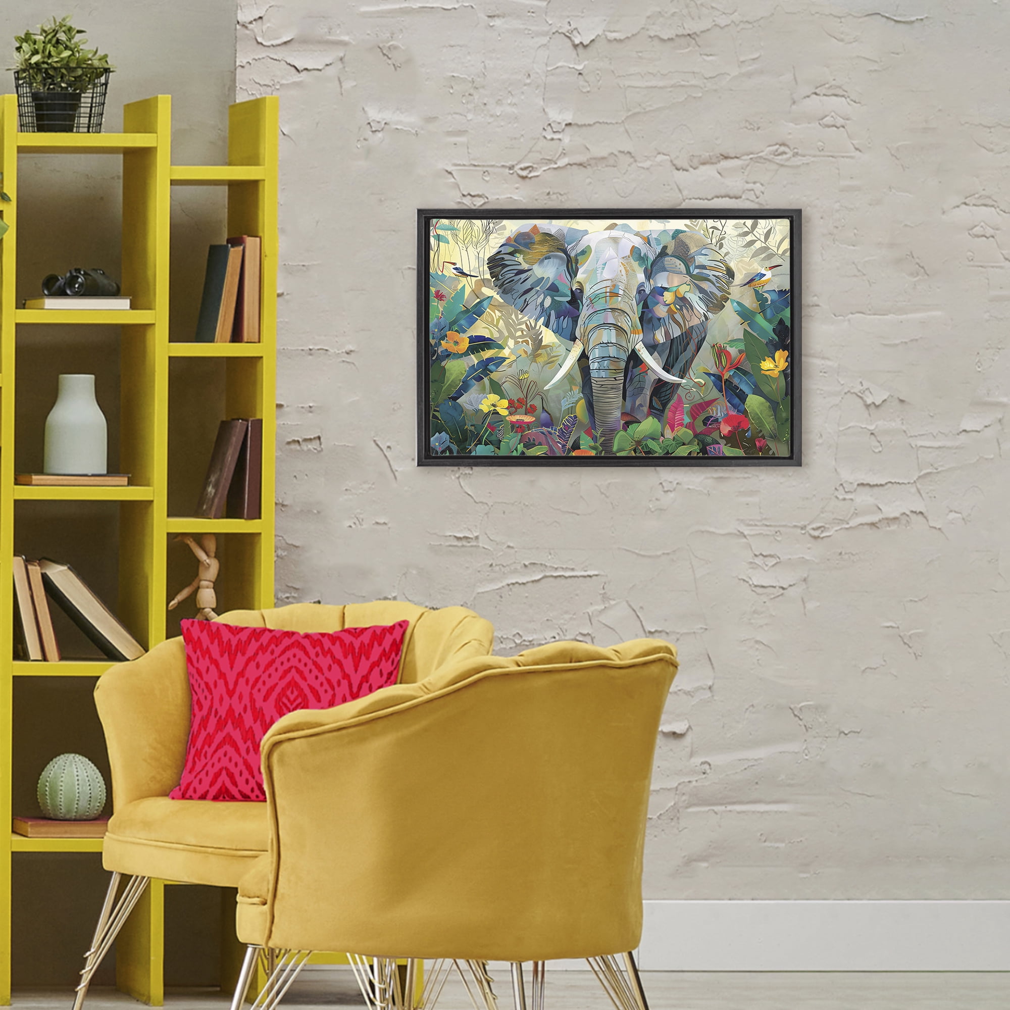 Stupell Industries Elephant's Realm in Tropical Bloom Black Framed Floater Canvas Wall Art, design by Lazar Studio