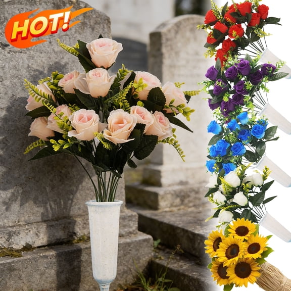 Qocolcyl Artificial Flowers for Cemetery,Artificial Cemetery Flowers for Grave,Fake Memorial Flowers Bouquet with Ground Stake Vase for Outdoor Cemetery Headstones Graveyard Gravestone Decoration