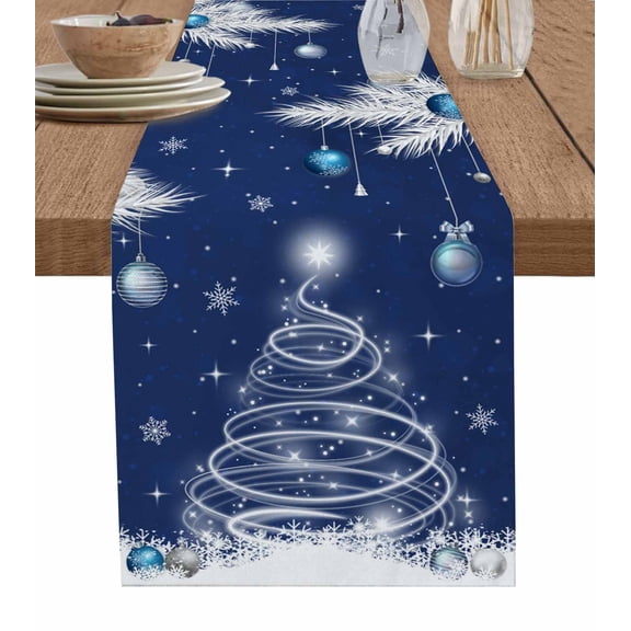 Boanket Navy Blue Christmas Table Runner - 90 Inch Long, Kitchen Dining Table Runner Dresser Scarves, Snow Xmas Tree Balls Botanical Farmhouse Home Decor for Coffee Table Wedding Party Banquet