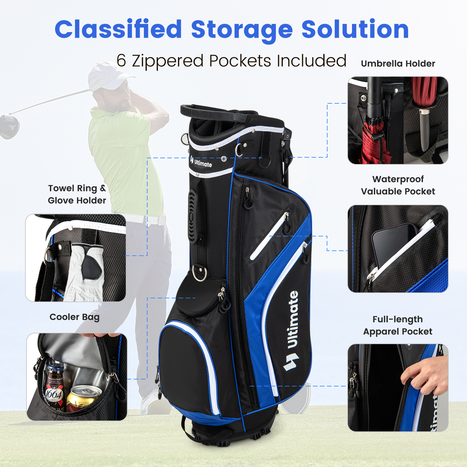 Topbuy 14-Way Top Divider Golf Bag with Stand Lightweight Golf Stand Bag with Dual Shoulder Straps Blue