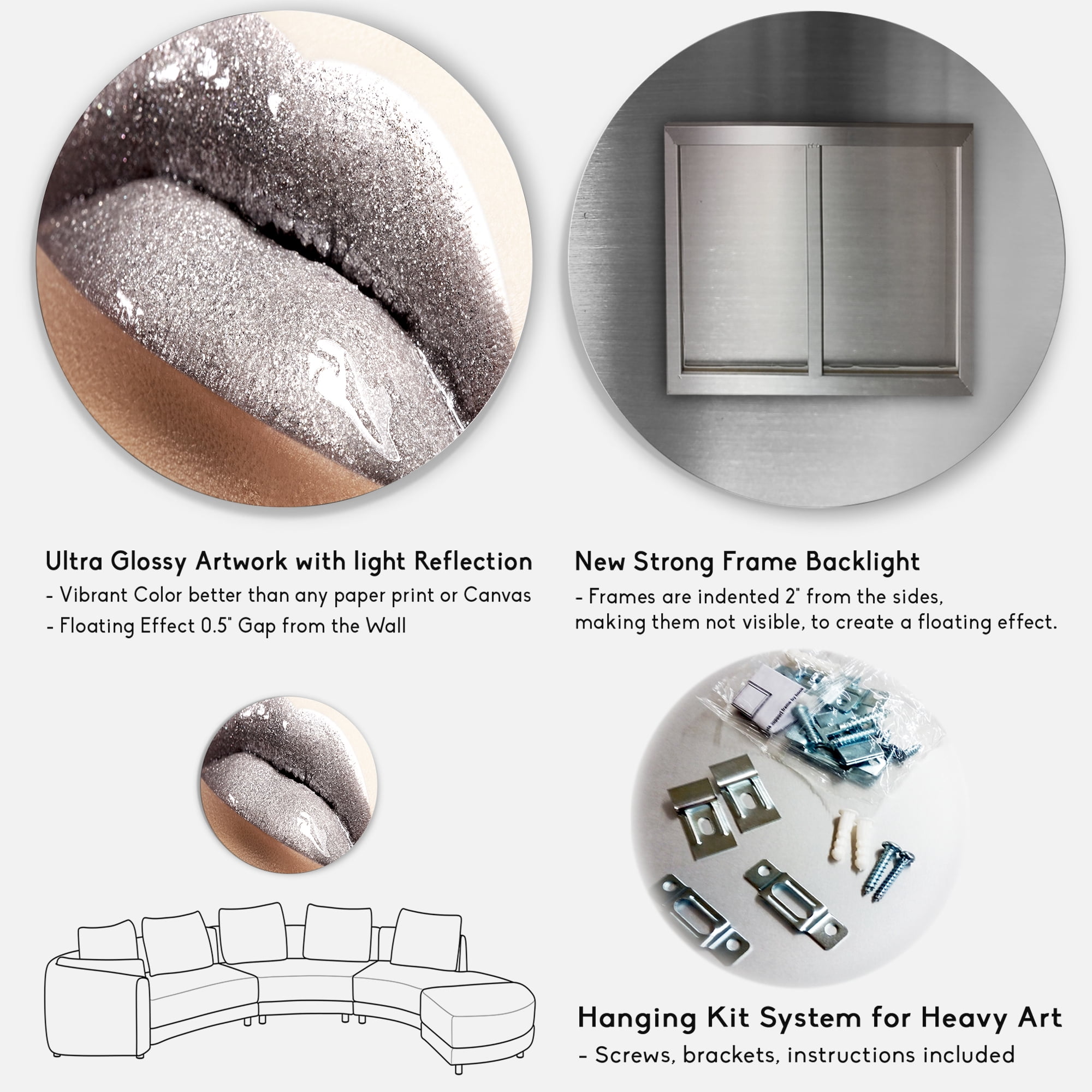 Designart 'Close Up of Female Lips With Glittering Silver' Modern Circle Metal Wall Art 23x23 - Disc of 23