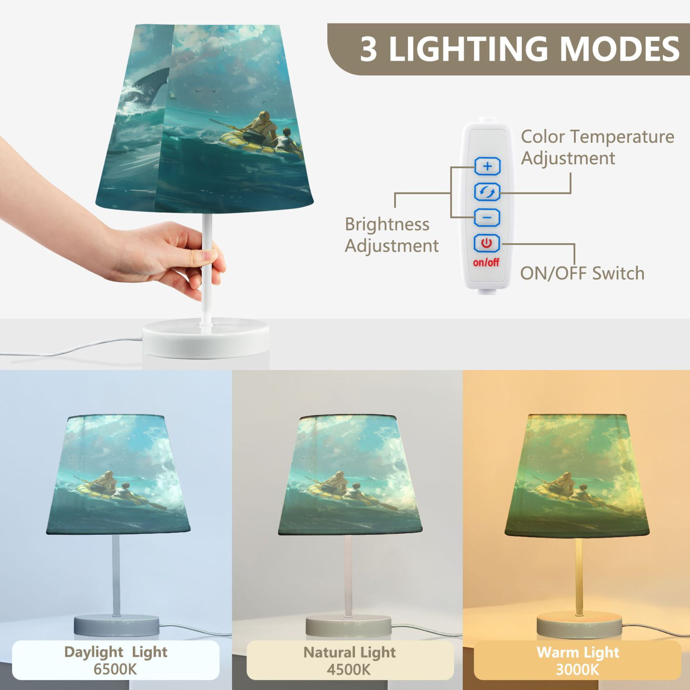 Raft Life with Shark Desk Lamp LED Table Nightstand Lamps with 3 Color Temperatures for Home Bedroom Living Room Decor 8x12