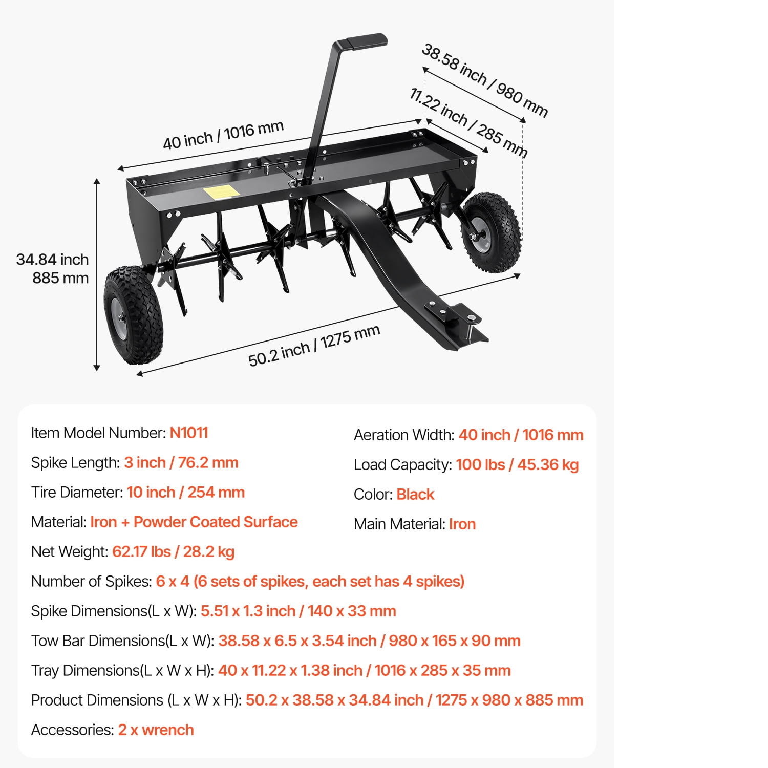 KFFKFF's 40-Inch Lawn Aerator, Attachable to Any Hitch, Equipped with Iron Spikes in Alternate Arrangement, Ideal for Aerating Gardens, Lawns, and Farms