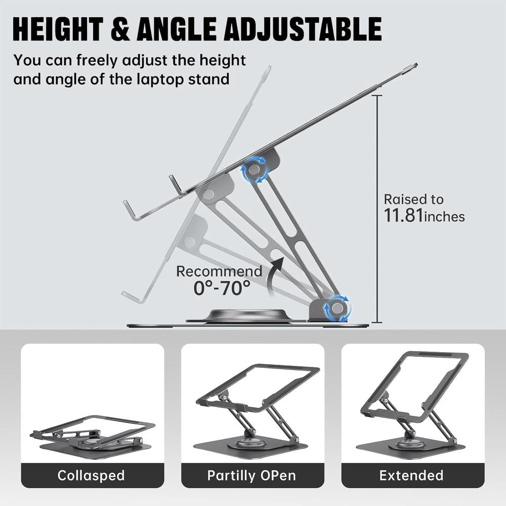 Adjustable ergonomic laptop stand with 360 ° rotating base and folding design - sturdy metal structure, 360 ° angle adjustment