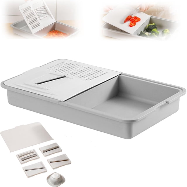 Functional Grater & Drainer Cutting Board for Kitchen with Built-In 6-in-1 Functionality Upgrade Chopping Board with Container Lid and System in One Versatile Prep Station for Efficient Food Prep