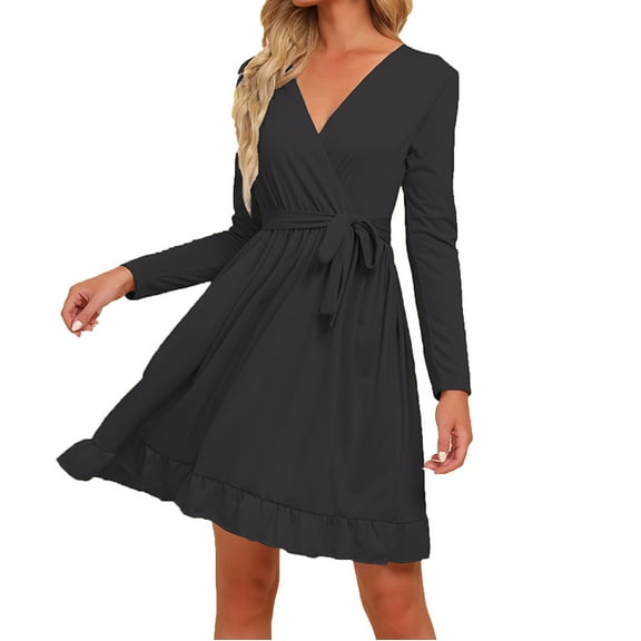 IROINNID Savings Semi Formal Dress for Women Long Sleeve Wrap Dress Versatile Collar Solid Color Tight Fitting Cutout Dress,Black