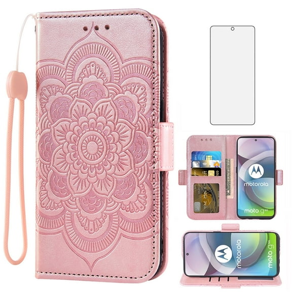 Compatible with Moto One 5G Ace/Motorola G G5 2020 Wallet Phone Case and Tempered Glass Screen Protector Flip Credit Card Holder Stand Cell Cover for MotoOne 1 One5G UW Ace 6.7 XT2113-3 Women Pink
