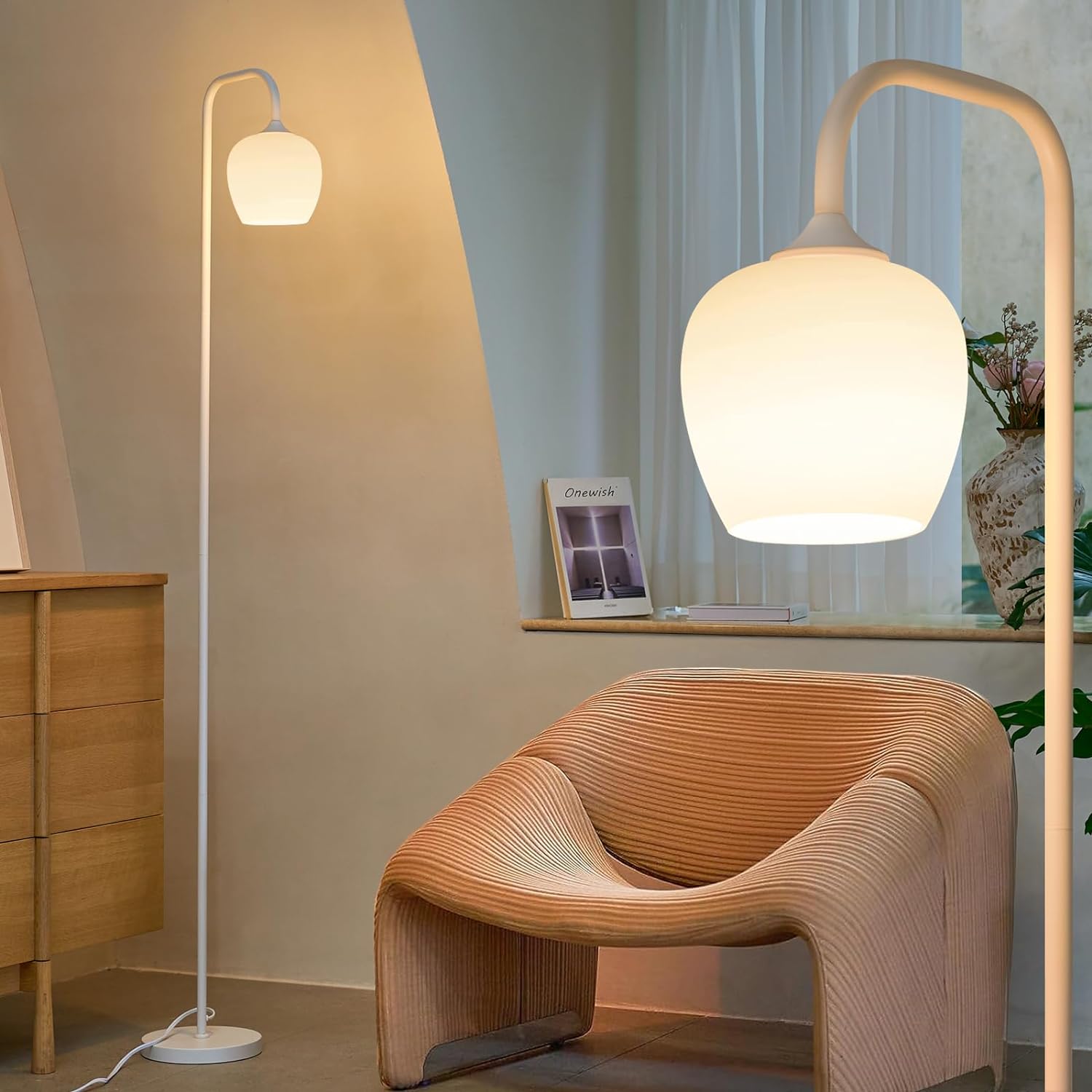 ONEWISH 65" Floor Lamp for Living Room, Modern Standing Lamp with Opal Glass Lamp Shade, Safe Tall Floor Lamp with LED Bulb and Foot Switch for Bedroom(White)