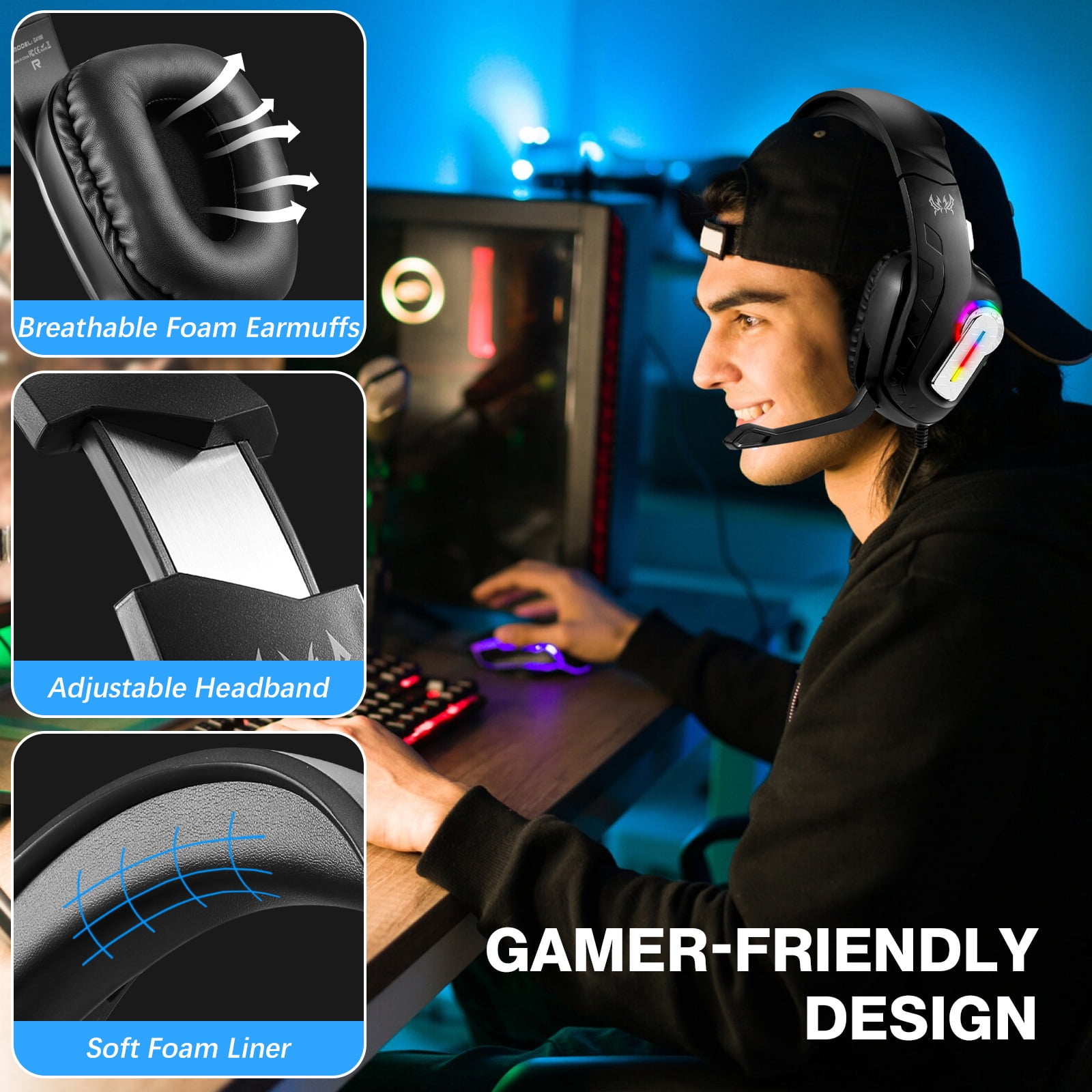 Wireless Gaming Headsets, 2.4GHz Wireless Gaming Headphone with ENC Noise Canceling Microphone, Bluetooth 5.4, Cool Lighting, 50H Battery, 40mm Drivers