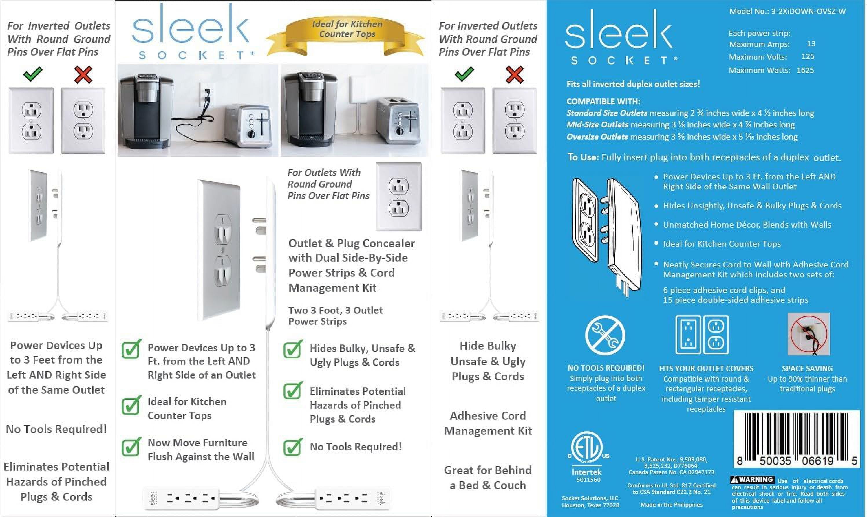 Sleek Socket Inverted Dual Flat Extension Cord with Multiple Outlets, Outlet Extender, 3-ft, 1 Count