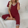 thumbnail image 7 of Women's V-Neck Pajama Set, Short Sleeve Top & Long Pants, Spring Summer Casual Sleepwear & Lounge Suit Wine S, 7 of 7