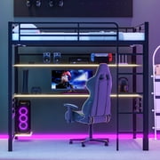 Euroco Metal Full Size Loft Bed with Desk and Shelves, Storage Gaming Bed with LED Light for Kids Teens