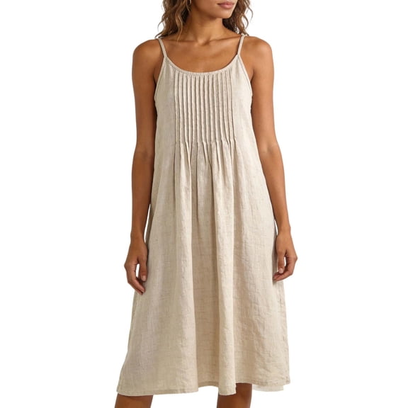 MaFYtyTPR Sleeveless Dresses for Women Casual Solid Color Adjustable Strap Pleated Front Flowy Midi Dress A-Beige L